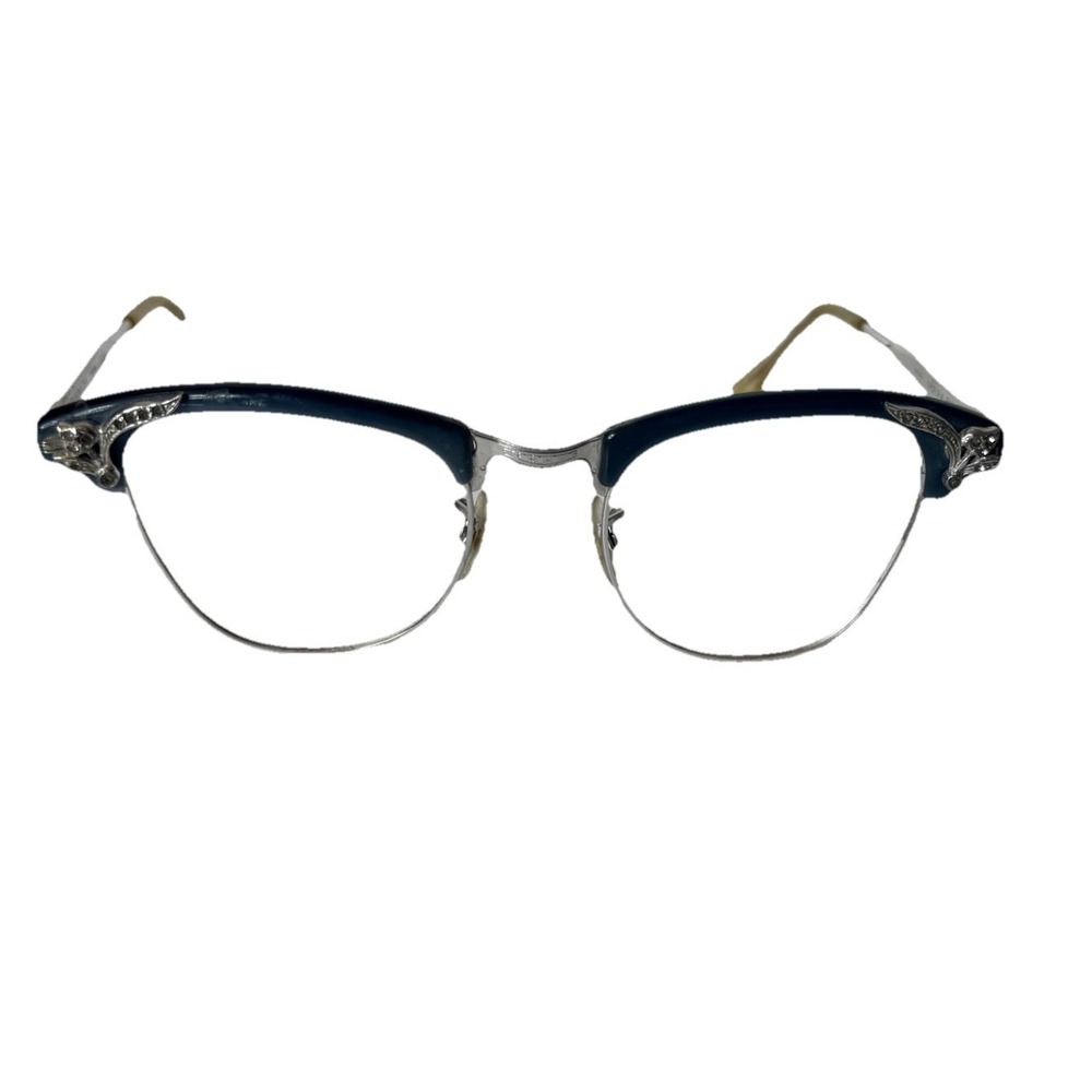 VTG Shuron 1950s Brow line Cat Eye Eyeglasses Gray Enamel Rhinestone 12K GF MCM